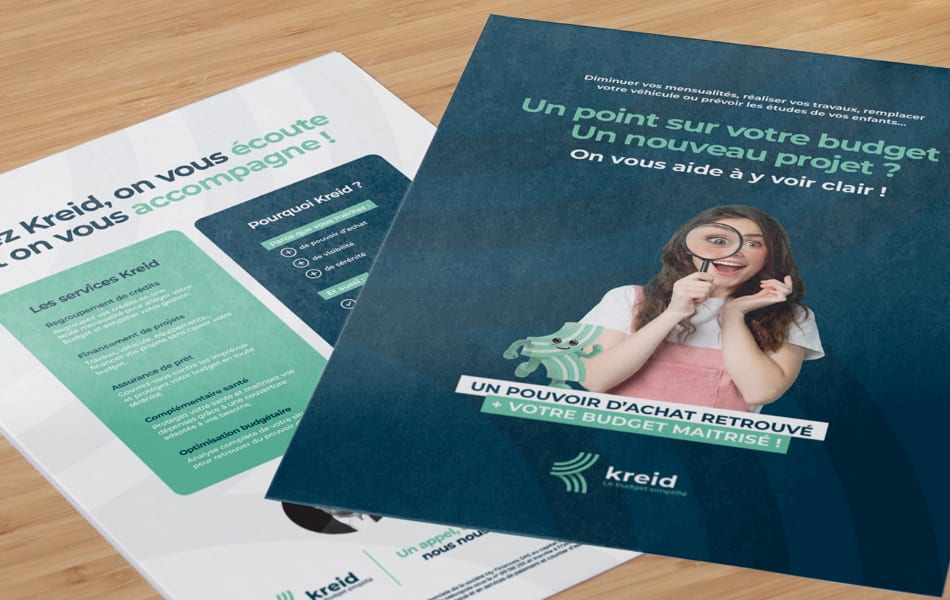 design de flyer Kreid avec identité visuelle et mascotte de marque