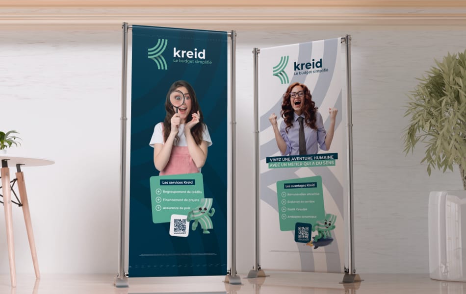 support de communication roll up kreid illustré par la mascotte de marque